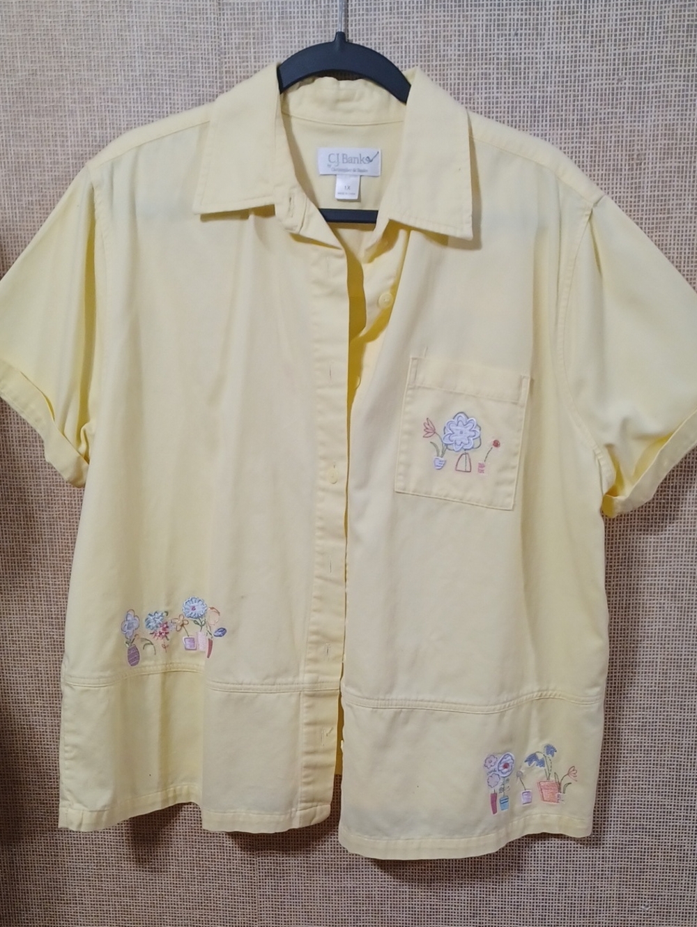 CJ Banks Soft Yellow Short-Sleeve Button Front Blouse with Floral Embroidery